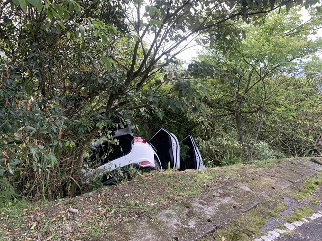 所幸自小客車受茂密樹木阻擋，並未滑落山谷。（民眾提供）