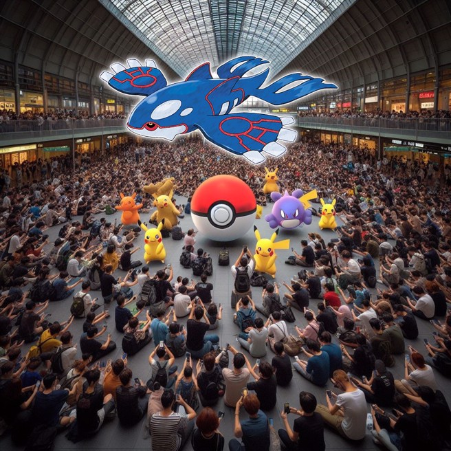 台北车站17日下午涌入2000多宝可梦玩家，每个人都在抢抓神奇宝贝。（AI生成图）