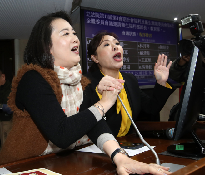 立法院社會福利及衛生環境委員會18日邀請衛福部長薛瑞元、教育部、法務部、內政部警政署就「社會安全網推動情形及策進作為」進行專題報告，會議一開始，藍、綠立委為了開會問題發生爭執，國民黨立委李彥秀（右）與民進黨立委吳思瑤（左）一度爭搶質詢台的麥克風。（劉宗龍攝）