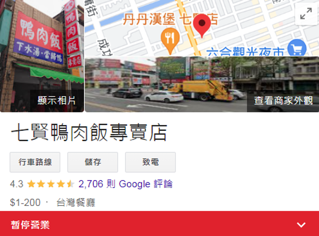 七贤鸭肉饭已暂停营业一段时间。(翻摄自Google Map)