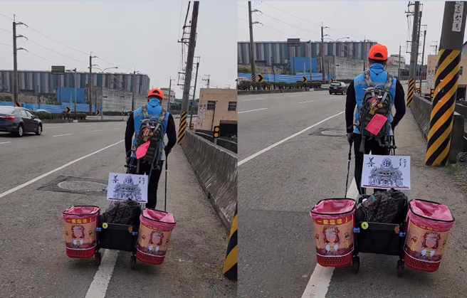 有香灯脚一边追白沙屯妈祖一边捡垃圾。(翻摄自白沙屯妈祖粉丝团 公开社团)