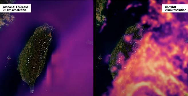 黄仁勋在介绍新世代伺服器后，特别提到台湾以AI天气系统模拟颱风路径，以评估可能受害的地方，让世界看到台湾。（图／摘自NVIDIA直播）