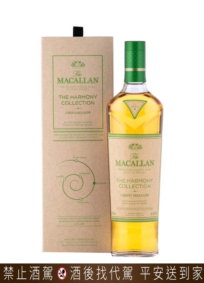 麥卡倫The Harmony Collection「萃綠麥穗Green Meadow」威士忌，僅在全球旅遊零售通路限量販售。（The Macallan提供）