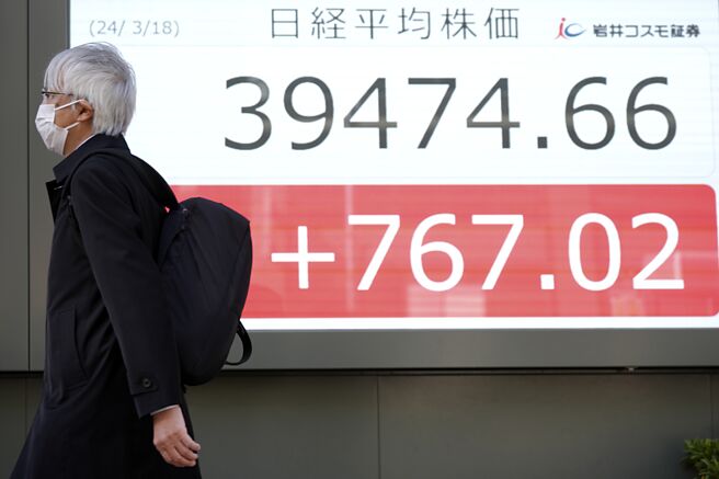 预期日银将升息，加上日圆持续走贬，日经18日收盘强弹1,032.8点，收在39,740.44点的一周高位。图／美联社