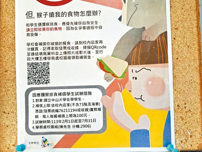 國立中山大學2月起祭出食物被搶補償措施，只要食物遭獼猴搶奪的學生提出消費證明，1餐最高可獲補償100元。（讀者提供／袁庭堯高雄傳真）