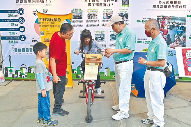 高市府經發局近日舉辦2024年「節電高雄創新」節電成果展，民眾體驗自行車發電過程。（高市經發局提供／柯宗緯高雄傳真）