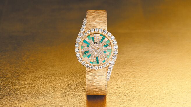 伯爵Limelight Gala系列Marqueterie 18K玫瑰金祖母綠珠寶表，約483萬元。（PIAGET提供）