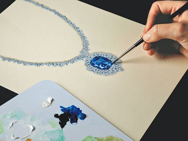 DAMIANI Mimosa Eternal Blue永恒皇家蓝宝石钻石项炼手绘稿。（DAMIANI提供）