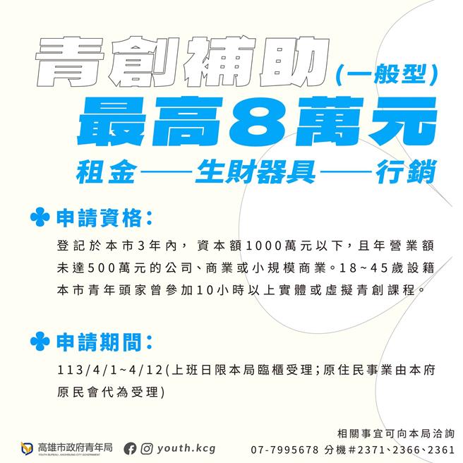 本年度青年局「一般型补助」对象为设立年期较短、营业额较小之事业，不限产业别。（高市青年局提供）