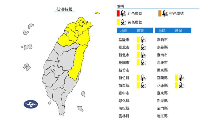  氣象局發布低溫特報，8縣市入夜後溫度可能跌至10度以下。（氣象署）