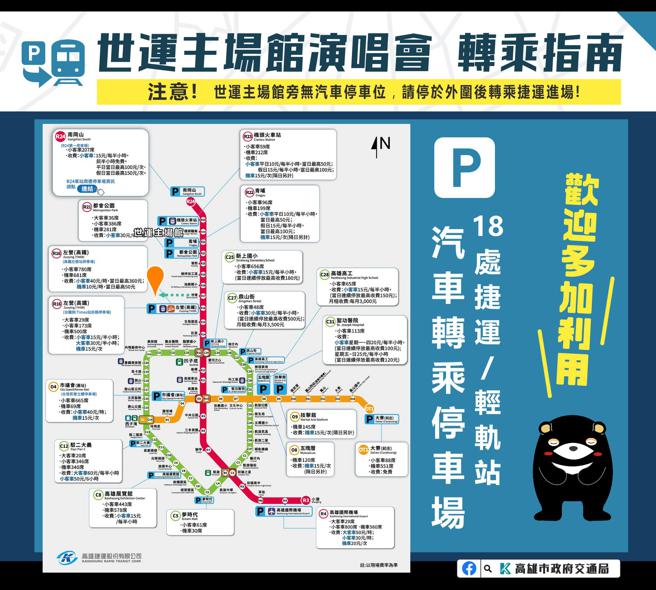开车朋友可将车停捷运及轻轨站附近，再转乘进场（图片来源：高雄市交通局提供）
