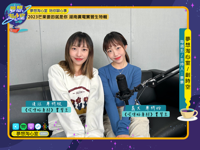 夢想淘心室3月20日【創時空】邀請第六屆”愛在芒果”交流活動，分發到湖南衛視《哎呀好身材》的實習生，同時也是雙胞胎姊妹的廖忻欣以及廖忻怡至節目中作客。(照片/夢想淘心室提供)