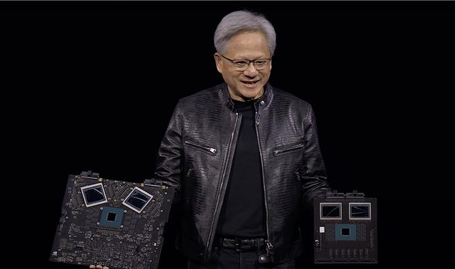 輝達創辦人暨執行長黃仁勳在GTC 2024大會上，發表最新款晶片，調研認為AI應用亮點在醫療及製造業。（圖／摘自NVIDIA直播）