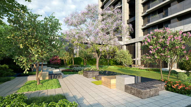 雙園優勢」將水岸公園綠意延伸進社區花園，無時無刻享受陽光與花草樹木的陪伴。(圖/業者提供)