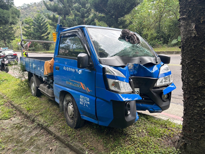 貨車車頭嚴重凹陷，但遭撞的路樹完好如初。（翻攝畫面）