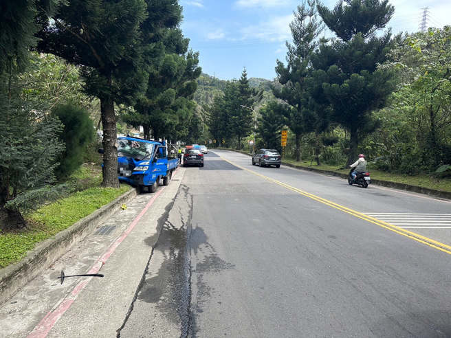 貨車車頭嚴重凹陷，但遭撞的路樹完好如初。（翻攝畫面）