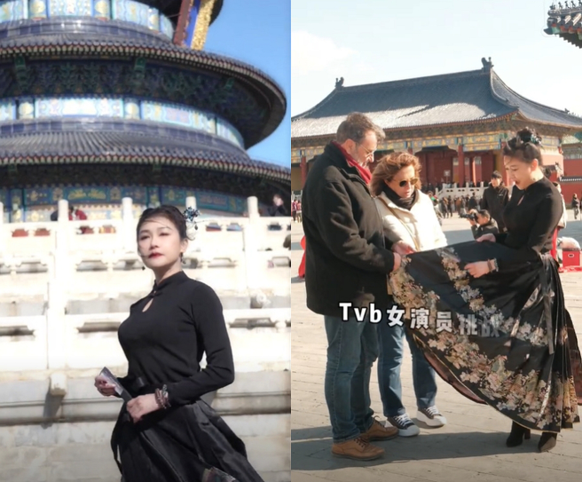 张慧仪穿马面裙在北京天坛摆拍，遭洋男当眾掀起裙子，影片曝光引起讨论。（图／摘自张慧仪抖音）