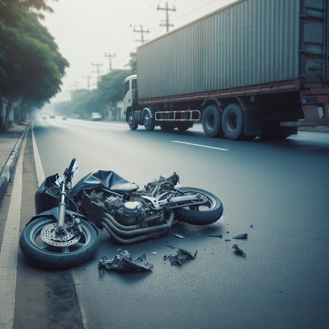 男子騎機車接8歲女兒放學返家途中，為閃避一旁違規車輛，失控撞上貨車，男子在被貨車輾過前，及時將重傷的女兒推向馬路邊，他最終不幸遭貨車輾斃！（圖／AI生成）