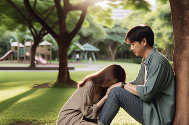 有夫妻在公園樹下調情，沒想到，下秒妻子竟然趴在丈夫雙腿間開始活春宮。（示意圖／AI繪製）