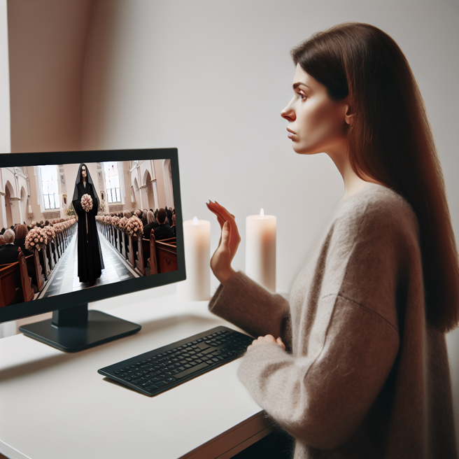 英国1名女子因故无法准时参加亲友葬礼，利用教堂透过Zoom软体视讯直播进行「线上哀悼」。（图／AI生成）