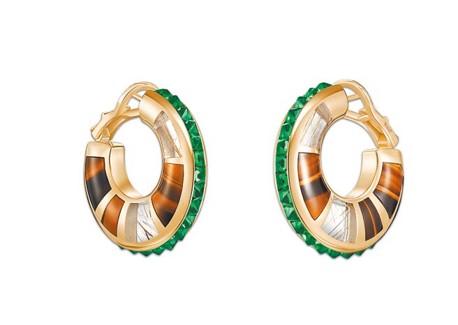 伯爵Metaphoria系列Terrae玫瑰金綠碧璽虎眼石耳環，233萬元。（PIAGET提供）