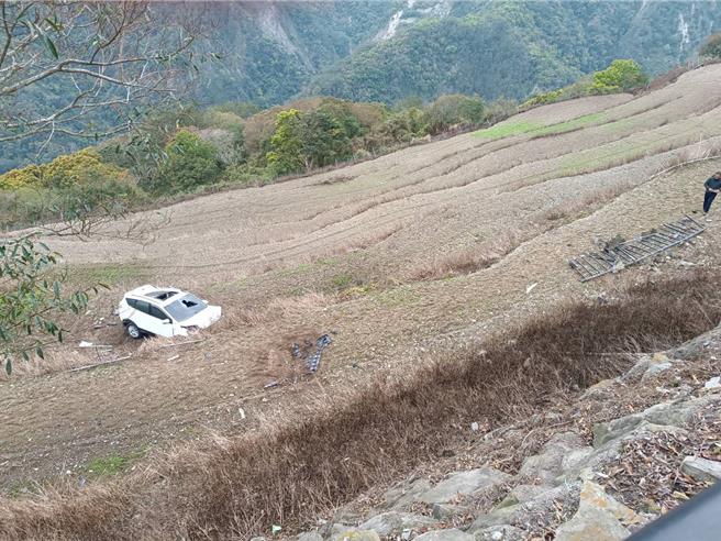 台北男不明原因衝撞台东利稻农场护栏连人带车坠落深坡死亡。（关山警分局提供／蔡旻妤台东传真）