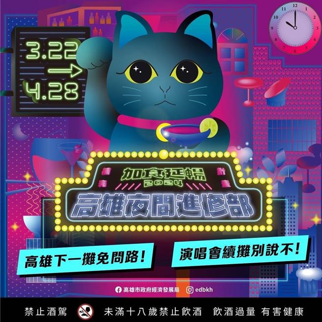 为延续「加食延畅」演唱会响应专案，高雄市政府配合推出夜晚专属「高雄夜间进修部」活动，串连30家高雄精选餐酒馆，上线26款「港都x音乐」联名特调饮品，消费还能参与千项好礼抽奖。（高市经发局提供）