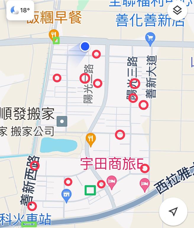 紅圈代表蓮潭里的私人收費停車場，現有13處。（民眾提供／寶智華台南傳真）