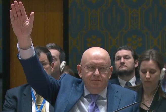 俄罗斯驻联合国大使涅班济亚（Vasily Nebenzia）在会议上对中东局势、包括巴勒斯坦问题的决议草案投了反对票。（联合国）