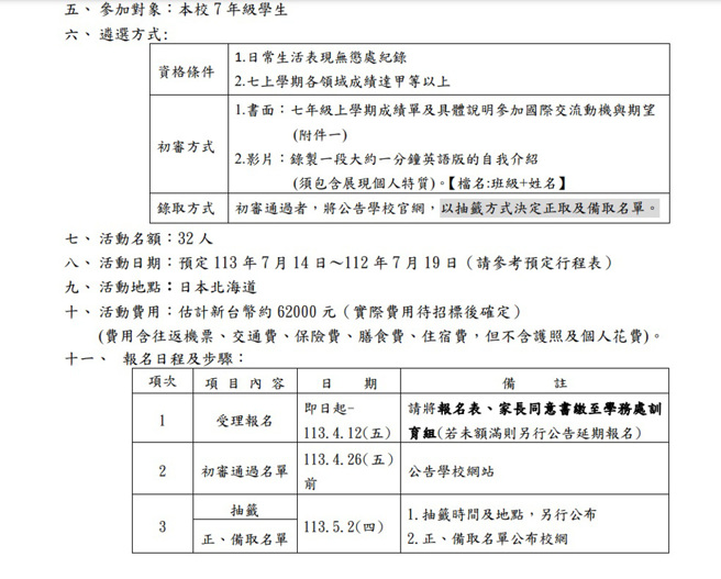 中正國中國際教育旅行簡章上顯示6天5夜要價62000元，對此校方解釋暑期機票價格一向較高，與一般旅行社行情相同。(圖／取自中正國中官網)