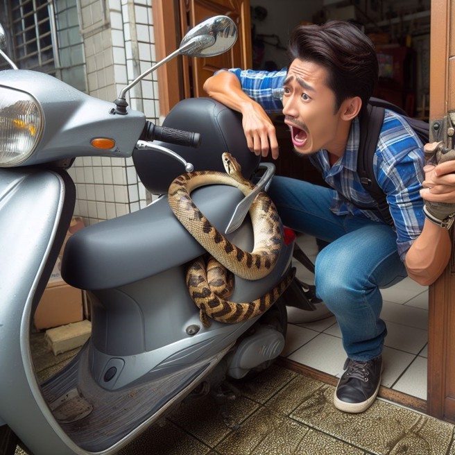 男子一大早要騎車出門，驚見機車儀錶板，有蛇探頭。（AI生成圖）