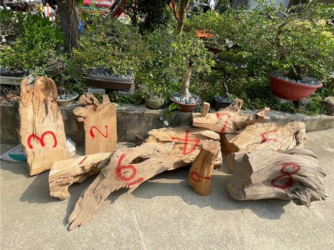 現場查獲9塊珍貴林木。（警方提供／李京昇苗栗傳真）