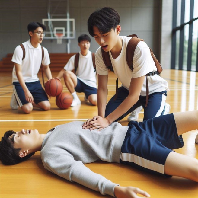 師大體育館內有人倒地無呼吸，患者疑似學生，已經由救護車送往醫院搶救。（AI 生成圖）