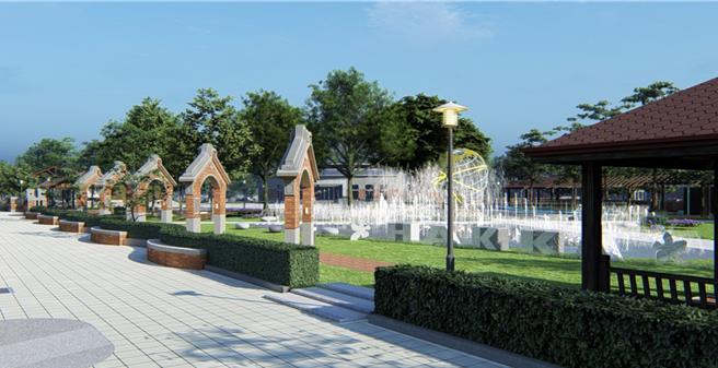 花莲客家文化园区启用迄今约20年，部分设施老旧不敷使用，县府为此斥资6240万元，重新规画园内设施，将融入客家元素如马背造型拱门等，打造全新、亮丽且具幸福氛围的场域；图为完工示意图。（花莲县政府提供／罗亦晽花莲传真）