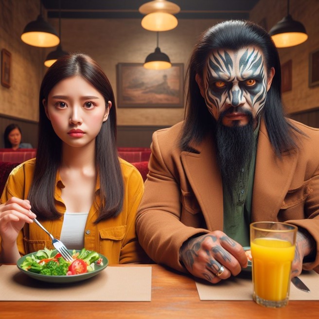 一名女子刚分手，同事好心介绍明星脸男子认识，结果来的却是火云邪神。（AI生成图）