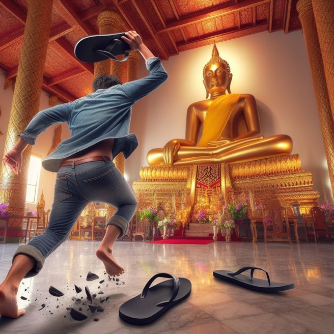 泰國一名男子拜佛不成，持人字拖毆打佛像，被監視器拍下。（AI生成圖）