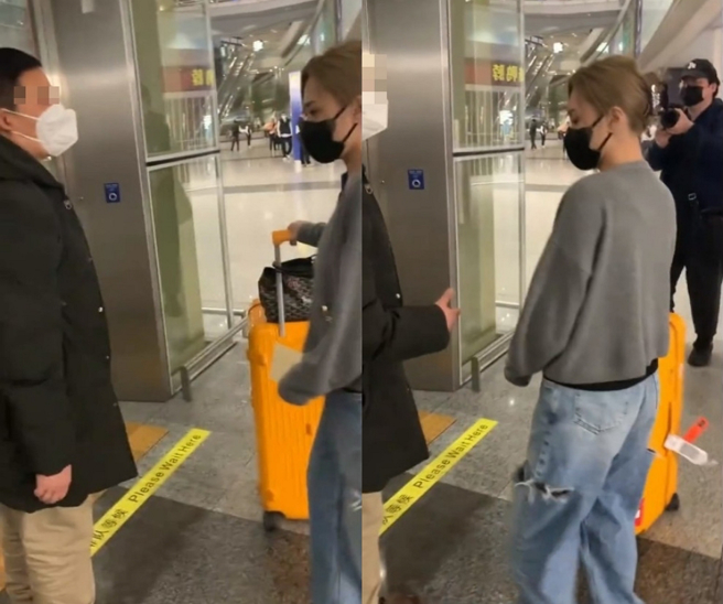 阿嬌在機場遇到怪男湊近搭訕，嚇得花容失色。（圖／摘自東網）