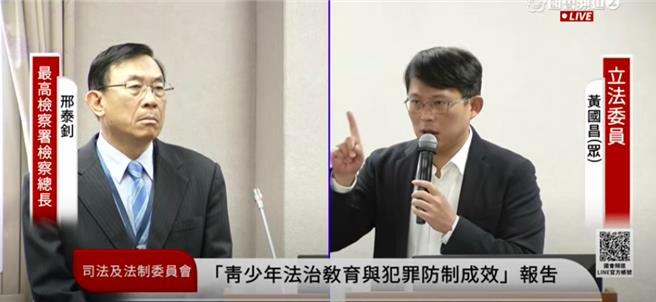民眾党立委黄国昌今在立法院司法及法制委员会质询。（摘自国会频道YT／杨亚璇台北传真）