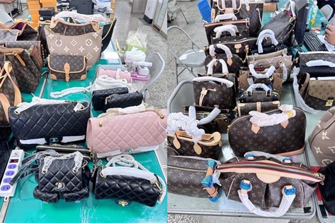 许姓摊贩在高雄二苓市场，摆出LV、香奈儿等名牌包，初步认定非真品，待总公司进一步鑑定。（翻摄照片／洪靖宜高雄传真）