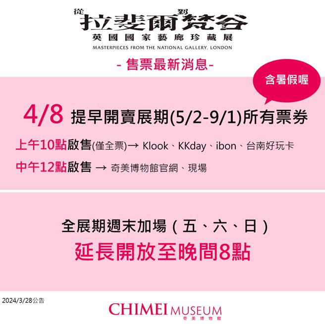 奇美博物馆今天公布周五、六、日延长开馆到晚间8点。（奇美博物馆提供／曹婷婷台南传真）