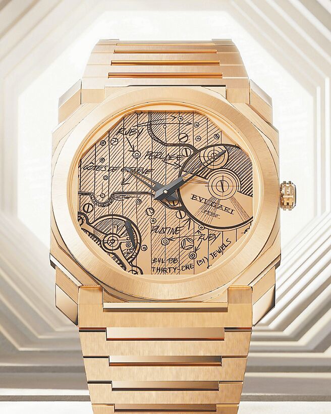 宝格丽欢庆140周年推出Octo Finissimo限量腕表，融入「错视画法」（Trompe L’oeil）幻视工艺，玫瑰金款限量70只。（BVLGARI提供）