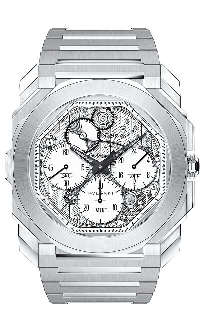 宝格丽欢庆140周年推出Octo Finissimo限量GMT计时腕表，融入「错视画法」（Trompe L’oeil）幻视工艺，限量140只。（BVLGARI提供）