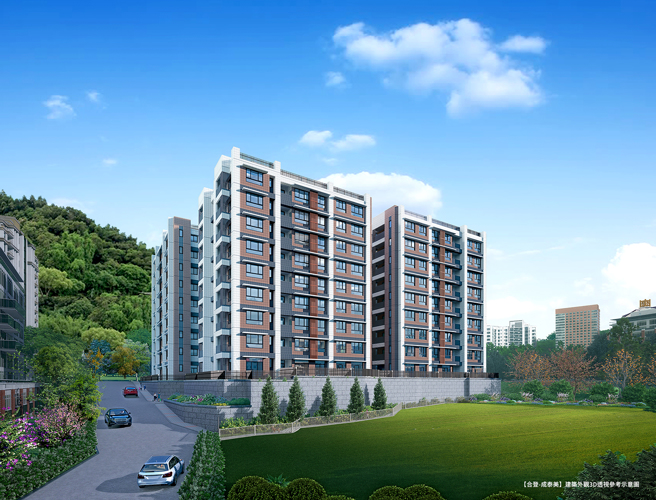 「成泰美」位于五股闹中取静之地，拥有便捷交通以及绿地公园优势。图为建筑外观3D情境示意图。（业者提供）