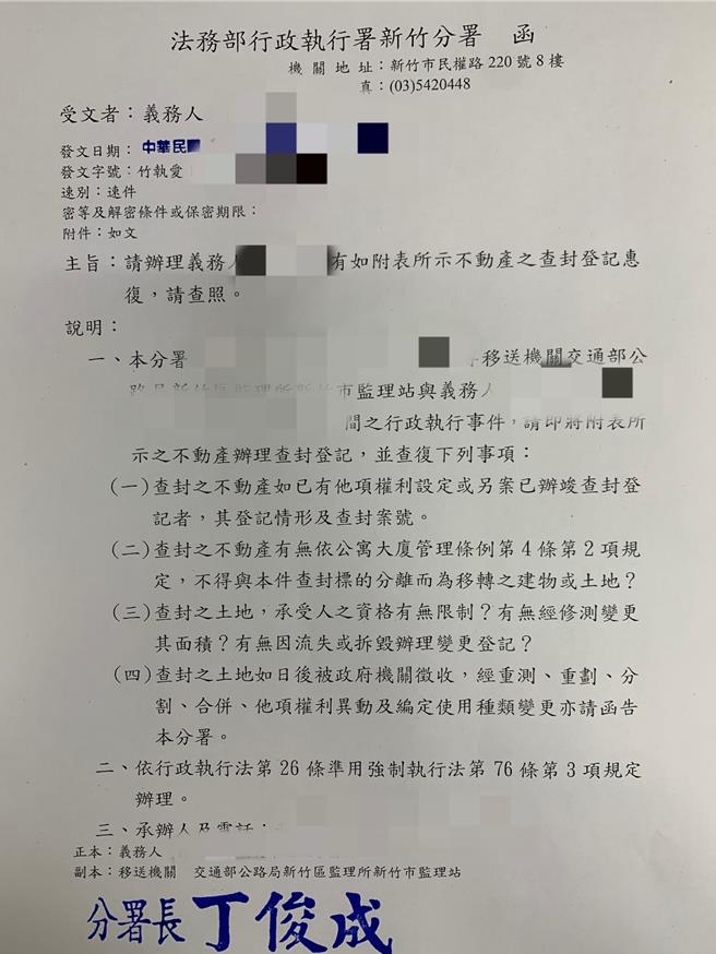 案件移送新竹分署執行後，一查才發現，義務人名下有數筆與人共有的財產，立刻查封名下1筆土地，義務人得知後立刻一次全額繳清欠款。（法務部行政執行署新竹分署提供／王惠慧新竹傳真）