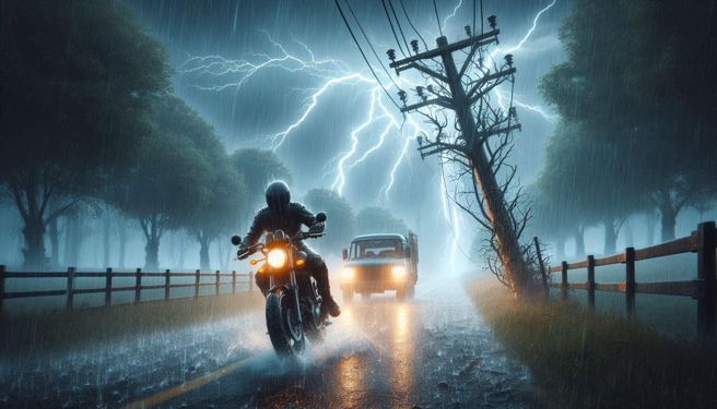 騎士雨中騎車，路邊電線桿的電桶突然爆炸。（示意圖、與本案無關／AI生成）