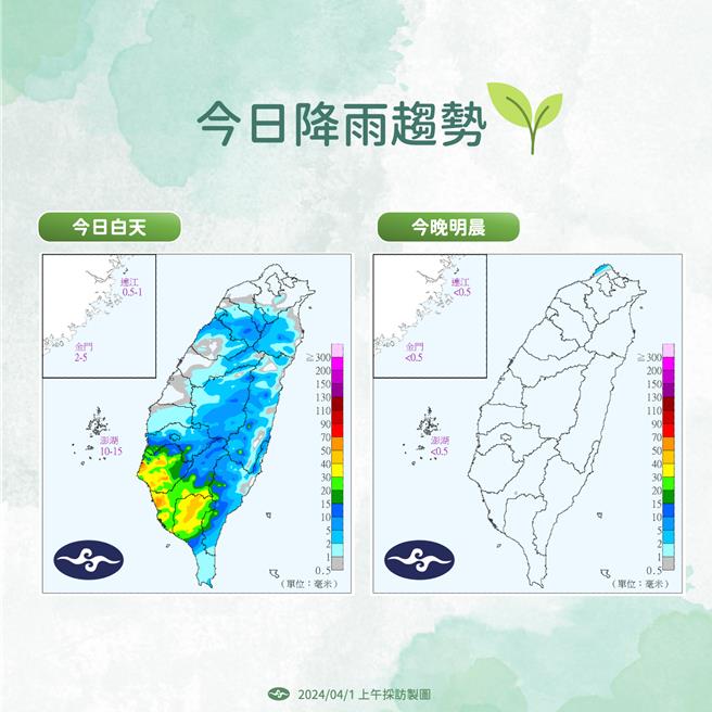 今日降雨趨勢。（中央氣象署提供／蔡亞樺台北傳真）