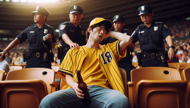 身穿黃色球衣的男子，在觀眾席喝醉大鬧，被警方帶回保護管束。（示意圖、與本案無關／AI生成）