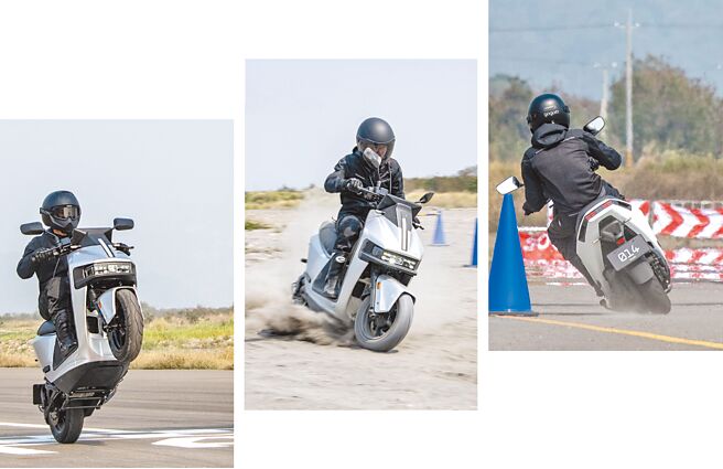 左起，專業車手表演獨輪展現操控性能；沙地模式場地體驗不同輸出模式下的操控特性；繞錐關卡展現極佳的動態表現。（陳大任攝）