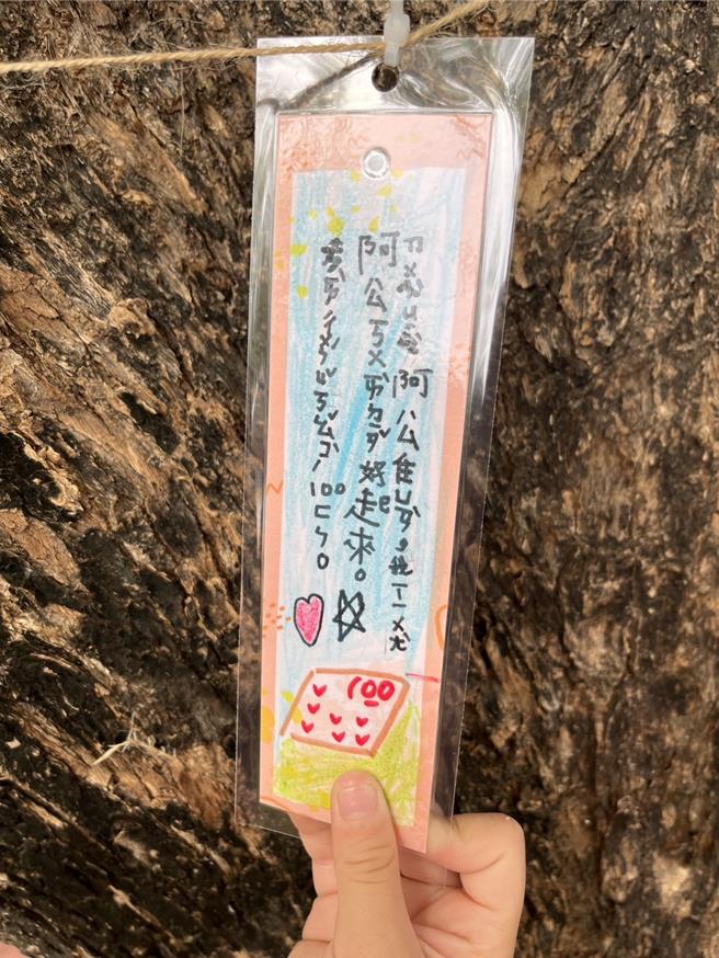 儿童节将至，屏东县林边乡仁和国小2日让孩子们写许愿卡挂在树龄55年的校树印度紫檀，为学童送上希望与幸福。（谢佳潾摄）