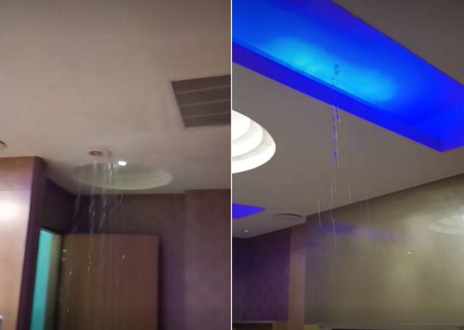 民眾入住汽车旅馆，半夜被天花板漏水吓醒，惨况引起网友热议。（图／翻摄脸书爆料公社）